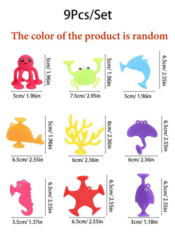 9pcs/Set Colorful Ocean Animal Sucker Toys – Soft Bath Puppets with Suction Cups, the Perfect Bathtime Companions for Boys and Girls
